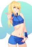  1girl artist_name blonde_hair blue_eyes crop_top eyebrows_visible_through_hair feguimel hand_under_clothes hand_under_shorts metroid metroid_fusion mole mole_under_mouth navel pointing pointing_at_viewer ponytail samus_aran short_shorts shorts shorts_pull sleeveless smile solo standing stomach thigh_gap toned wristband 