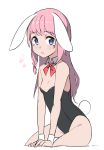  1girl animal_ears arm_support bangs bare_shoulders black_leotard blue_eyes blush braid breasts bunny_ears bunny_girl bunny_tail bunnysuit collar collarbone detached_collar eyebrows_visible_through_hair flying_sweatdrops leotard long_hair looking_at_viewer parted_lips pink_hair red_neckwear saiste sidelocks simple_background sitting small_breasts solo strapless strapless_leotard tail tears very_long_hair white_background white_collar wing_collar wrist_cuffs 