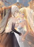  2girls backless_dress backless_outfit bangle bangs bare_shoulders black_dress black_sleeves blonde_hair blue_eyes blue_sky bracelet breasts bridal_veil church cleavage closed_mouth cloud commentary cross detached_sleeves dress english_commentary eyebrows_visible_through_hair fate/grand_order fate_(series) fingernails glowing grey_dress grey_hair hair_between_eyes highres jeanne_d&#039;arc_(alter)_(fate) jeanne_d&#039;arc_(fate) jeanne_d&#039;arc_(fate)_(all) jewelry large_breasts long_hair long_sleeves maya_g multiple_girls outdoors parted_lips profile see-through signature sky sleeves_past_wrists smile strapless strapless_dress sunset veil very_long_hair wedding_dress yellow_eyes 