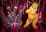  abdominal_bulge absurd_res ambiguous_penetration anthro black_fur blush bodily_fluids breasts cum cum_inflation cum_inside duo eeveelution eye_roll female fur genital_fluids hi_res inflation jolteon mammal nintendo nipples open_mouth penetration pok&eacute;mon pok&eacute;mon_(species) red_eyes tentacles tongue tongue_out umbreon umisag85rabb99 video_games yellow_fur 