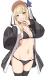  1girl animal_hood bikini black_bikini black_thighhighs blonde_hair blush bow breasts collarbone commentary_request cosplay fate/grand_order fate_(series) hood long_hair long_sleeves looking_at_viewer lord_el-melloi_ii_case_files medium_breasts meltryllis_(fate) meltryllis_(swimsuit_lancer)_(fate) meltryllis_(swimsuit_lancer)_(fate)_(cosplay) meltryllis_(swimsuit_lancer)_(first_ascension)_(fate) navel penguin_hood reines_el-melloi_archisorte shiseki_hirame simple_background sleeves_past_fingers sleeves_past_wrists smile solo swimsuit thighhighs white_background 