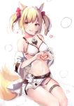  1girl :d absurdres afterimage animal_ear_fluff animal_ears arknights artist_name bangs bare_shoulders belt bikini bikini_under_clothes blonde_hair blush bow breasts brown_belt cleavage collarbone dated eyebrows_visible_through_hair food food_between_breasts fox_ears fox_girl fox_tail hair_bow heart heart_hands highres ice_cream ice_cream_cone jacket long_sleeves looking_at_viewer medium_breasts navel off_shoulder open_clothes open_jacket open_mouth red_bow red_eyes seiza simple_background sitting smile soft_serve solo sora_(arknights) swimsuit tail tail_wagging twintails white_background white_bikini white_jacket wide_sleeves yue_(qtxyjiang) 