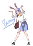  1girl animal_ears arms_up bag bangs black_footwear blue_eyes blue_hair blue_skirt blush brown_scarf bunny_ears bunny_girl bunny_tail eyebrows_visible_through_hair full_body grin long_sleeves looking_at_viewer original saiste scarf shirt shoes shoulder_bag simple_background skirt smile socks solo standing star tail white_background white_legwear white_shirt 