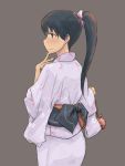  1girl alternate_costume blue_eyes blue_hair bow eyebrows_visible_through_hair from_behind grey_background hair_bow houshou_(kantai_collection) japanese_clothes kantai_collection kimono long_hair looking_to_the_side pink_bow ponytail simple_background smile solo suzumura_kirie 