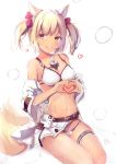  1girl :d absurdres afterimage animal_ear_fluff animal_ears arknights artist_name bangs bare_shoulders belt bikini bikini_under_clothes blonde_hair blush bow breasts brown_belt cleavage collarbone dated eyebrows_visible_through_hair food food_between_breasts fox_ears fox_girl fox_tail hair_bow heart heart_hands highres ice_cream ice_cream_cone jacket long_sleeves looking_at_viewer medium_breasts navel off_shoulder open_clothes open_jacket open_mouth red_bow red_eyes seiza simple_background sitting smile soft_serve solo sora_(arknights) swimsuit tail tail_wagging tan twintails white_background white_bikini white_jacket wide_sleeves yue_(qtxyjiang) 