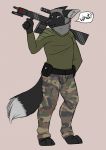  2019 anthro bottomwear camo canid canine clothed clothing digital_media_(artwork) fox fur grey_fur grumpy_griffin_creations gun hi_res holding_object holding_weapon looking_at_viewer male mammal ranged_weapon red_fox silver_fox simple_background solo standing text weapon 