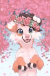  &lt;3 &lt;3_eyes 2019 ambiguous_gender azzai begging begging_pose black_fur brown_fur canid canine canis claws detailed_background digital_media_(artwork) domestic_dog feral floppy_ears flower flower_crown flower_petals front_view fur green_eyes grey_claws looking_at_viewer mammal multicolored_fur open_mouth paws petals pink_nose plant smile solo teeth tree white_fur 
