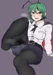  1girl antennae belt black_legwear blush breasts cape commentary_request eyeliner feet foot_out_of_frame green_eyes green_hair heavy_breathing highres large_breasts long_sleeves looking_at_viewer makeup nicutoka open_mouth pantyhose shirt short_hair shorts simple_background smell smile soles solo sweat toes touhou upper_teeth white_shirt wriggle_nightbug 