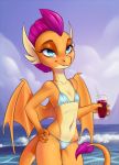  2019 anthro anthrofied beach bikini blue_eyes camel_toe clothing cute_fangs detailed_background digital_media_(artwork) dragon flat_chested friendship_is_magic hair hi_res holding_cup holding_object horn my_little_pony orange_scales purple_hair scales seaside sky smile smolder_(mlp) straw swimwear vincher water wings 