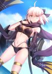  1girl ahoge armband bangs bare_shoulders bikini black_bikini black_gloves black_scarf blonde_hair blue_sky blush bow breasts cleavage closed_mouth fate/grand_order fate_(series) gloves gogatsu_fukuin hair_between_eyes hair_bow highres katana large_breasts looking_at_viewer navel okita_souji_(fate)_(all) okita_souji_(swimsuit_assassin)_(fate) scarf short_hair single_glove sky smile solo swimsuit sword thigh_strap thighs weapon wristband yellow_eyes 