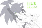  3:2 anthro bow clothed clothing clothing_lift crossdressing dress dress_lift eulipotyphlan gloves green_eyes grin half-closed_eyes handwear hedgehog japanese_text low-angle_view maid_uniform male mammal monochrome partially_colored smile solo sonic_(series) sonic_the_hedgehog text uniform なし 