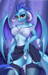  2019 absurd_res anthro anxiety-chan bottomwear clothing clothing_lift digital_media_(artwork) dragon female friendship_is_magic hi_res horn legwear looking_at_viewer my_little_pony navel outside princess_ember_(mlp) skirt skirt_lift solo underwear wings 