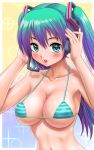  1girl aqua_hair bangs bikini blue_hair blush breasts covered_nipples gradient_hair green_eyes hair_between_eyes hands_on_headphones hatsune_miku headset long_hair looking_at_viewer medium_breasts micro_bikini multicolored_hair nail_polish shu_(la-placetick) solo striped striped_bikini swimsuit twintails upper_body vocaloid 