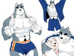  2018 4:3 5_fingers abs anthro biceps bulge canid canine canis clothed clothing crotch_tuft digital_media_(artwork) domestic_dog duo fingers fur husky kemono male mammal muscular muscular_male nipples nordic_sled_dog pecs shirt spitz syukapong topwear tuft wolf 