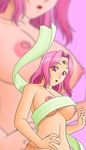  breasts haru_(hall) large_breasts magical_drop naked_ribbon nipples nude open_mouth pink_eyes pink_hair ribbon short_hair smile solo surprised third_eye wardrobe_malfunction world_(magical_drop) zoom_layer 