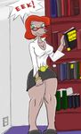  anthro book bookshelf bracelet breasts cleavage clothed clothing dialog disney english_text eyewear female glasses goof_troop green_eyes hair jewelry karma_sutra outlet pussy_juice red_hair shadowcat_(artist) solo standing sylvia_marpole text 
