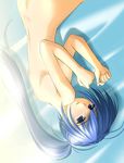  blue_eyes blue_hair covering covering_breasts hayase_mitsuki kimi_ga_nozomu_eien long_hair lying nude on_side ponytail solo takepon upside-down 