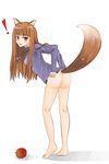  1girl ameya_shioichi animal_ears apple ass barefoot bottomless brown_hair food fruit holo long_hair red_eyes solo spice_and_wolf tail wolf_ears 