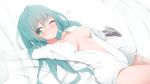  1girl ahoge alternate_hairstyle aqua_eyes aqua_hair aqua_nails areola_slip areolae arm_up bangs bed_sheet blush breasts closed_mouth commentary_request curtains giryu hair_down hair_ornament_removed hand_on_own_chest hatsune_miku long_hair long_sleeves looking_at_viewer lying medium_breasts nail_polish naked_shirt navel no_bra on_back on_bed one_eye_closed shirt sleeves_past_wrists solo stomach very_long_hair vocaloid waking_up white_shirt 