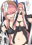  1girl animal_hood bangs black_hair black_jacket black_legwear blue_bow blue_eyes blush bow breasts collarbone cosplay fate/grand_order fate_(series) fujimaru_ritsuka_(male) hood jacket long_hair long_sleeves looking_at_viewer medb_(fate)_(all) medb_(fate/grand_order) meltryllis meltryllis_(swimsuit_lancer)_(fate) meltryllis_(swimsuit_lancer)_(fate)_(cosplay) navel open_clothes open_jacket open_mouth penguin_hood pink_hair polar_chaldea_uniform shiseki_hirame small_breasts spiked_hair thighhighs translation_request white_background 