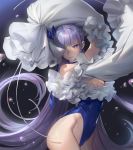  1girl arms_up bangs bare_shoulders blue_eyes blue_swimsuit blunt_bangs breasts choker cleavage closed_mouth covered_navel detached_sleeves eyebrows_visible_through_hair fate/grand_order fate_(series) frilled_sleeves frills hair_ribbon half-closed_eyes highleg highleg_swimsuit highres hip_bones lips long_hair looking_at_viewer meltryllis meltryllis_(swimsuit_lancer)_(fate) mhk_(mechamania) one-piece_swimsuit one_eye_covered purple_hair ribbon sidelocks sleeves_past_fingers sleeves_past_wrists small_breasts smile solo strapless strapless_swimsuit swimsuit very_long_hair water_drop wide_sleeves 