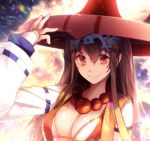  1girl adjusting_clothes adjusting_hat ajirogasa bead_necklace beads bikini_top black_hair breasts cleavage earrings fate/grand_order fate_(series) hat hoop_earrings jewelry lens_flare long_hair necklace smile xuanzang_(fate/grand_order) yun_(outsidey) 