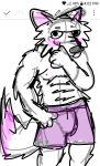  &lt;vampirefuuucker&gt; abs bottomwear bulge canid canine canis clothing male malenipple mammal muscular owo scribbles shorts solo whitewolf wolf 