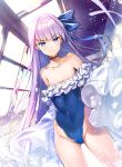  1girl absurdres bangs bare_shoulders blue_eyes blue_ribbon blurry blush breasts choker collarbone commentary_request covered_navel day dutch_angle eyebrows_visible_through_hair fate/grand_order fate_(series) frills hair_ribbon highres indoors long_hair long_sleeves looking_at_viewer meltryllis meltryllis_(swimsuit_lancer)_(fate) off_shoulder one-piece_swimsuit purple_hair rei_(rei&#039;s_room) rei_no_pool revision ribbon sleeves_past_fingers sleeves_past_wrists smile solo standing swimsuit thighs v-shaped_eyebrows very_long_hair window 