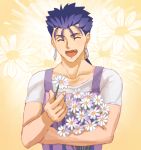  1boy :d blue_hair bouquet closed_eyes collarbone daisy earrings facing_viewer fang fate/hollow_ataraxia fate_(series) flower holding holding_bouquet holding_flower jewelry lancer long_hair male_focus open_mouth ponytail purple_apron shirt short_sleeves smile solo suikatabetaifrom vertical-striped_apron white_flower white_shirt 