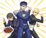  3boys :d black_jacket blonde_hair blue_bodysuit blue_hair bodysuit brown_eyes brown_hair cross cross_necklace dress_shirt fate/stay_night fate_(series) food gilgamesh holding jacket jewelry kotomine_kirei lancer long_sleeves looking_at_viewer male_focus mapo_doufu multiple_boys necklace open_clothes open_jacket open_mouth red_eyes shirt shoulder_armor smile spaulders standing suikatabetaifrom white_shirt 