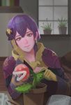  1girl ahoge bernadetta_von_varley blush cravat fire_emblem fire_emblem:_three_houses flower_pot gloves grey_eyes long_hair mario_(series) piranha_plant plant purple_hair sharp_teeth short_hair smile solo super_mario_bros. teeth upper_body venus_flytrap yagaminoue 