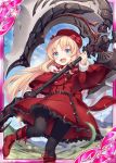  1girl :d akkijin ass_visible_through_thighs axe blonde_hair blue_eyes boots card_(medium) dress hat hat_ribbon holding holding_weapon huge_weapon long_hair looking_at_viewer official_art open_mouth pantyhose red_eyes red_footwear red_ribbon ribbed_dress ribbon shinkai_no_valkyrie smile weapon 
