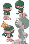  1girl :3 bangs black_eyes blush blush_stickers breasts chibi closed_mouth collarbone cookie covered_navel cowboy_shot cropped_legs eating finger_in_mouth floating flying_sweatdrops food from_side full_body gardevoir gen_1_pokemon gen_3_pokemon green_hair green_skin hair_over_one_eye hand_up hands_up happy highres holding jpeg_artifacts kashu_(hizake) leaning_forward looking_at_another looking_down looking_to_the_side looking_up medium_breasts multiple_views musical_note no_humans number pikachu pokemon pokemon_(creature) pokemon_number red_eyes short_hair simple_background small_breasts smile standing sweat telekinesis two-tone_skin white_background white_skin 