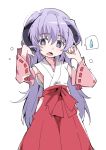  1girl detached_sleeves eyebrows_visible_through_hair hakama hanyuu higurashi_no_naku_koro_ni horns ixy japanese_clothes lavender_hair long_hair looking_at_viewer miko open_mouth purple_eyes red_hakama simple_background solo white_background 