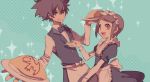  1boy 1girl agumon brother_and_sister brown_eyes brown_hair commentary_request digimon digimon_adventure huan_li maid open_mouth short_hair siblings smile yagami_hikari yagami_taichi 