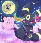  black_eyes blue_sky blush_stickers bow claws clefairy cloud crescent cresselia fang flying full_body gen_1_pokemon gen_2_pokemon gen_4_pokemon hands_up heart highres holding kemoribon legendary_pokemon moon night night_sky no_humans open_mouth outdoors pawpads paws pink_bow pink_sclera pokemon pokemon_(creature) purple_eyes sitting sky standing star star_(sky) starry_sky umbreon wand 