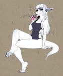 anthro beverage clothed clothing dragon female hair hi_res looking_at_viewer makeup mascara nipple_outline smile solo swimwear va_art 