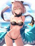  1girl ahoge bare_shoulders bikini black_bikini black_bow black_scarf blonde_hair blue_sky blush bow breasts cleavage cloud day fate/grand_order fate_(series) hair_between_eyes hair_bow highres looking_at_viewer navel okita_souji_(fate)_(all) okita_souji_(swimsuit_assassin)_(fate) outdoors rin_yuu scarf short_hair sky solo swimsuit yellow_eyes 