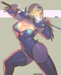  1girl absurdres blonde_hair blue_eyes blue_legwear blue_leotard boots breasts cleavage closed_mouth commentary highres katana leotard lips long_hair mizuki_(punisher) ninja punisher_(capcom) rejean_dubois solo sword the_punisher thigh_boots thighhighs thighs weapon 