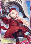 1girl :d akkijin ass_visible_through_thighs axe blonde_hair boots card_(medium) dress hat hat_ribbon holding holding_weapon huge_weapon long_hair looking_at_viewer official_art open_mouth orange_eyes pantyhose red_eyes red_footwear red_ribbon ribbed_dress ribbon shinkai_no_valkyrie smile weapon 