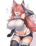  1girl animal_ears armpits bare_shoulders belt black_gloves black_legwear black_panties black_shorts blue_eyes borrowed_character breasts cat_ears commentary_request elbow_gloves fang fingerless_gloves firo_(shun_soku) gloves heart highres huge_breasts long_hair looking_at_viewer midriff navel one_eye_closed original panties red_hair shadow short_shorts shorts sideboob simple_background skindentation solo thighhighs thighs tylwing underwear white_background 