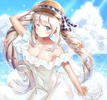  1girl ;) bangs beach blue_eyes blurry blurry_background bow breasts cleavage closed_mouth cloud collarbone covered_navel day dress eyebrows_visible_through_hair fate/grand_order fate_(series) floating_hair hand_on_headwear hat hat_bow hat_ribbon highres kian long_hair marie_antoinette_(fate/grand_order) ocean off-shoulder_dress off_shoulder one_eye_closed outdoors ribbon shiny shiny_skin silver_hair sleeveless sleeveless_dress smile solo straw_hat striped striped_bow striped_ribbon sundress sunlight very_long_hair white_dress yellow_headwear 