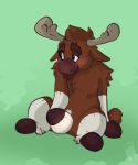  2019 anthro antlers blush bulge capreoline cervid cloth digital_media_(artwork) fur grope hi_res hooves horn male mammal moose nipples plushie shockandterror smile solo 