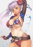  1girl absurdres american_flag_bikini asymmetrical_gloves asymmetrical_hair asymmetrical_legwear bangs belt belt_buckle bikini blue_eyes blush breasts buckle bun_cover cleavage collarbone eyebrows_visible_through_hair fate/grand_order fate_(series) fingerless_gloves flag_print gloves groin hair_bun highres large_breasts long_hair looking_at_viewer miyamoto_musashi_(fate/grand_order) mukunokino_isshiki navel one-piece_tan open_mouth pink_hair shiny shiny_skin simple_background smile solo standing swept_bangs swimsuit tan tanline water 