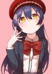  1girl absurdres bangs blue_hair blush closed_mouth commentary_request eyebrows_visible_through_hair goe_(g-o-e) hair_between_eyes hat highres long_hair long_sleeves looking_at_viewer love_live! love_live!_school_idol_project neck_ribbon red_headwear red_ribbon ribbon shirt simple_background solo sonoda_umi standing upper_body white_shirt yellow_eyes 