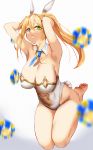  1girl absurdres animal_ears armpits arms_behind_head artoria_pendragon_(all) artoria_pendragon_(swimsuit_ruler)_(fate) bare_legs barefoot blonde_hair breasts bunny_ears bunny_girl bunny_tail bunnysuit cleavage collar fate/grand_order fate_(series) green_eyes highres kisaragi_(legobionicle23) large_breasts long_hair midriff navel necktie poker_chip ponytail simple_background solo tail white_background 