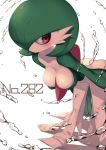  1girl bent_over between_breasts blush breasts cleavage dress full_body gardevoir green_hair hair_over_one_eye highres impossible_clothes kashu_(hizake) large_breasts no_humans pokemon red_eyes short_hair simple_background smile solo water white_background white_skin 