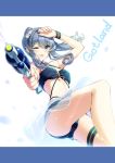  1girl ;d bikini black_bikini blush breasts character_name eyebrows_visible_through_hair floating_hair flower gotland_(kantai_collection) grey_eyes gun hair_between_eyes hair_flower hair_ornament holding holding_gun holding_weapon huyukaaki kantai_collection long_hair looking_at_viewer one_eye_closed open_mouth ponytail see-through silver_hair small_breasts smile solo swimsuit thigh_strap water_gun weapon white_background white_flower 