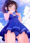  1girl ass_visible_through_thighs ayase_midori bangs bare_arms bare_shoulders blue_bow blue_dress blue_panties blue_sky blush bow breasts brown_eyes brown_hair closed_mouth cloud cloudy_sky commentary_request day dress eyebrows_visible_through_hair hair_bow hands_up high_ponytail idolmaster idolmaster_cinderella_girls looking_at_viewer nose_blush outdoors panties parted_bangs polka_dot polka_dot_dress polka_dot_panties ponytail sky sleeveless sleeveless_dress small_breasts solo tachibana_arisu underwear unmoving_pattern wet white_bow 