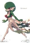 1girl between_breasts breasts character_name cleavage dress full_body gardevoir green_hair hair_over_one_eye highres impossible_clothes kashu_(hizake) no_humans pokemon red_eyes short_hair simple_background solo walking water white_background white_skin 